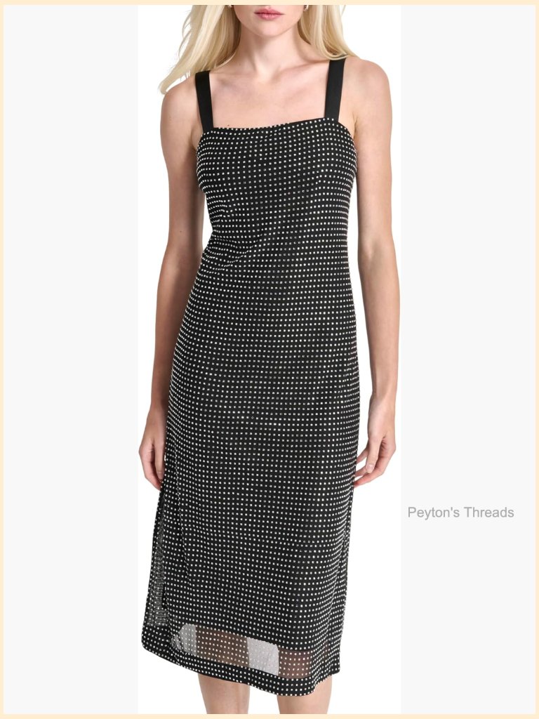 Sleeveless Jewel Neck Mesh Heatset Overlay Midi Dress